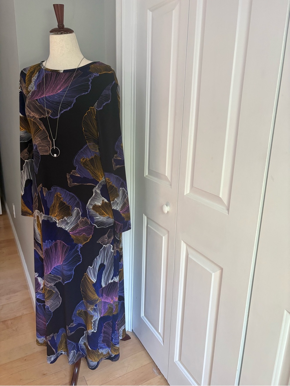 Chico's Black Long Sleeve Floral Maxi Dress with Purple & Gold Accents - Picture 5 of 10